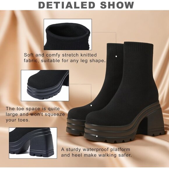 ⚡Women Black Knit Square Toe Stretch Soft Block High Heel Punk Dress Sock Boots - Picture 6 of 6